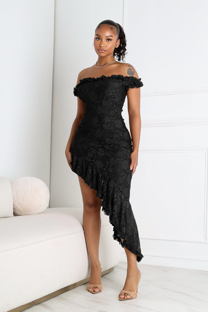 EDGE — mocha floral lace off-shoulder midi dress with a ruffled asymmetric hem, close-up front view on model