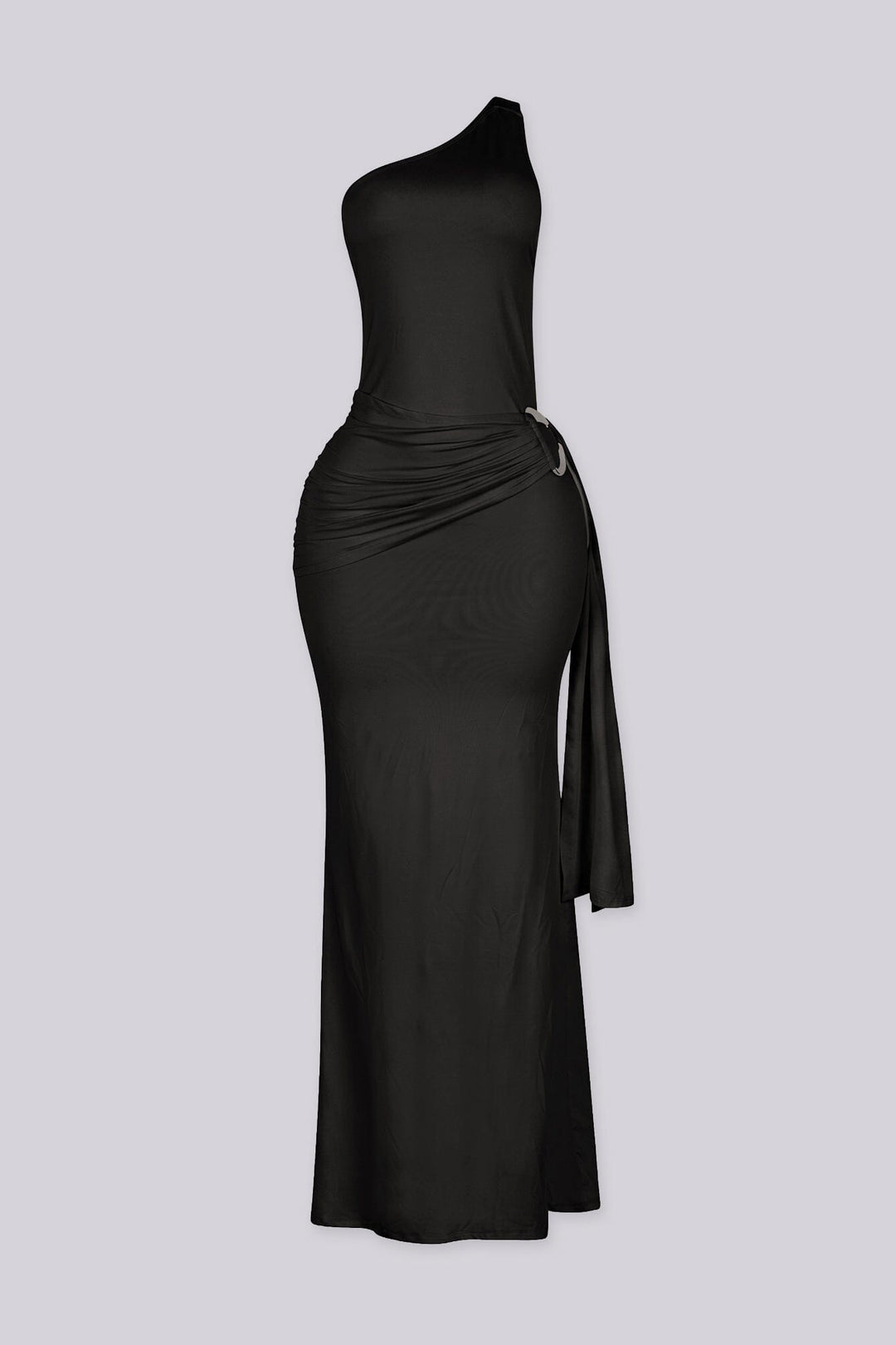 One shoulder maxi dress featuring silver ring hardware cutout detail at waist
