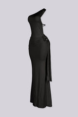 One shoulder maxi dress featuring silver ring hardware cutout detail at waist