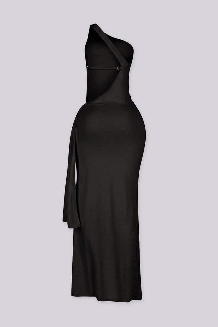 One shoulder maxi dress featuring silver ring hardware cutout detail at waist