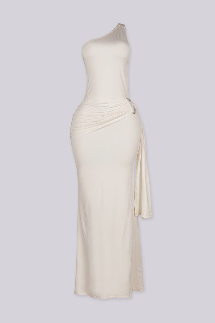 One shoulder maxi dress featuring silver ring hardware cutout detail at waist
