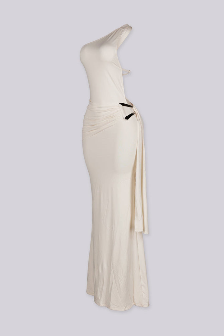 One shoulder maxi dress featuring silver ring hardware cutout detail at waist