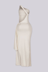 One shoulder maxi dress featuring silver ring hardware cutout detail at waist