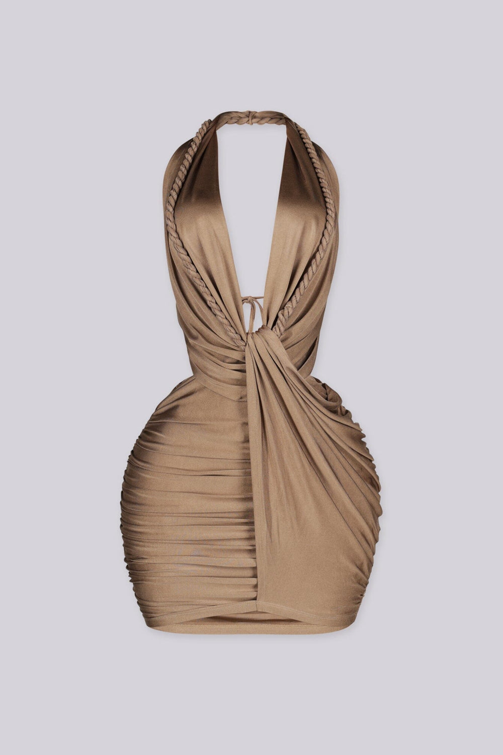 EDGEBYKS - Ruched mini dress featuring braided rope halter neckline with a plunging draped front, mocha front view