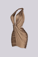 EDGEBYKS - Ruched mini dress featuring braided rope halter neckline with a plunging draped front, mocha side view