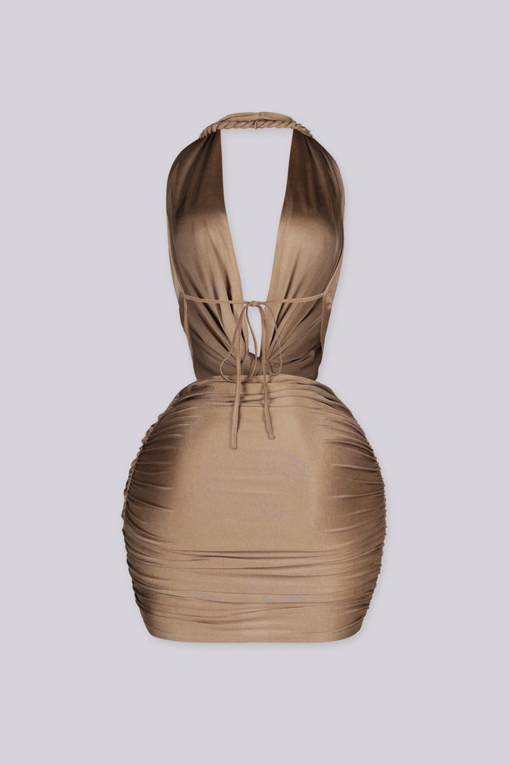 EDGEBYKS - Ruched mini dress featuring braided rope halter neckline with a plunging draped front, mocha back view