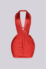 EDGEBYKS - Ruched mini dress featuring braided rope halter neckline with a plunging draped front, red front view