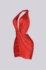 EDGEBYKS - Ruched mini dress featuring braided rope halter neckline with a plunging draped front, red side view