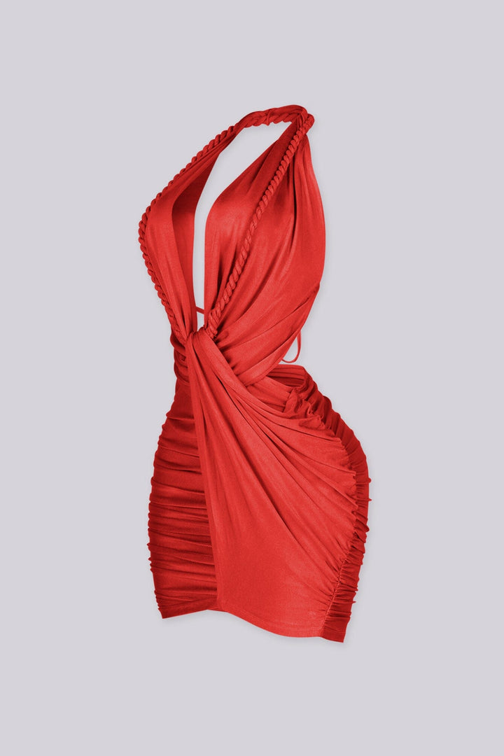 EDGEBYKS - Ruched mini dress featuring braided rope halter neckline with a plunging draped front, red side view