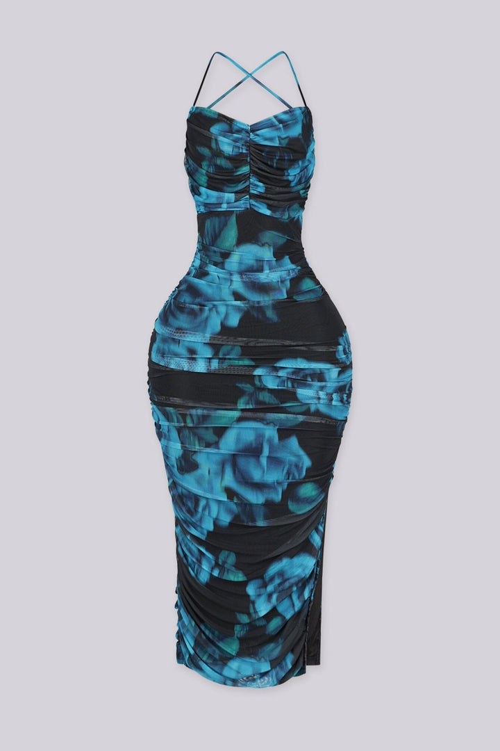 Abstract print ruched mesh midi dress featuring sweetheart neckline and back lace up adjustable straps