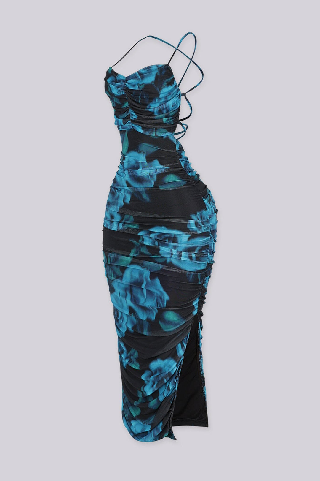 Abstract print ruched mesh midi dress featuring sweetheart neckline and back lace up adjustable straps