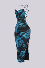 Abstract print ruched mesh midi dress featuring sweetheart neckline and back lace up adjustable straps