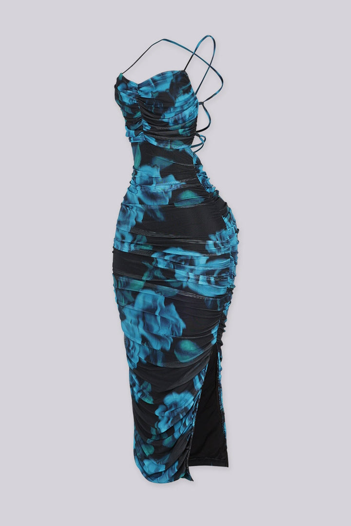 Abstract print ruched mesh midi dress featuring sweetheart neckline and back lace up adjustable straps