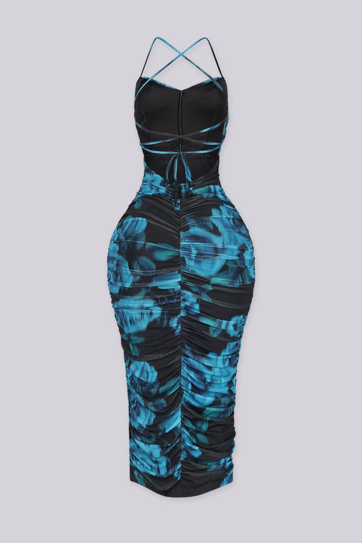 Abstract print ruched mesh midi dress featuring sweetheart neckline and back lace up adjustable straps