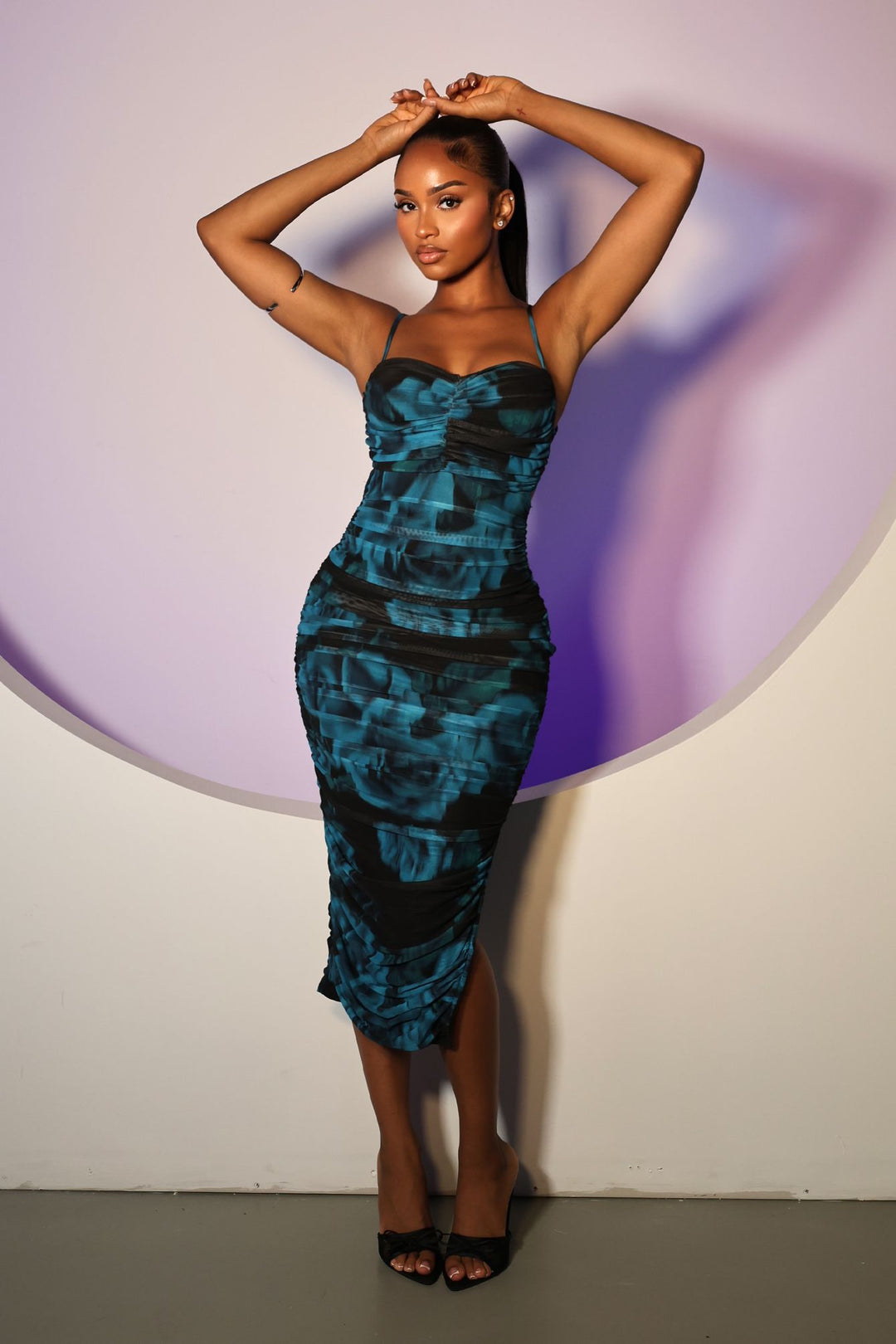 Abstract print ruched mesh midi dress featuring sweetheart neckline and back lace up adjustable straps