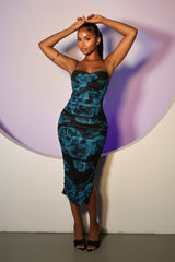 Abstract print ruched mesh midi dress featuring sweetheart neckline and back lace up adjustable straps