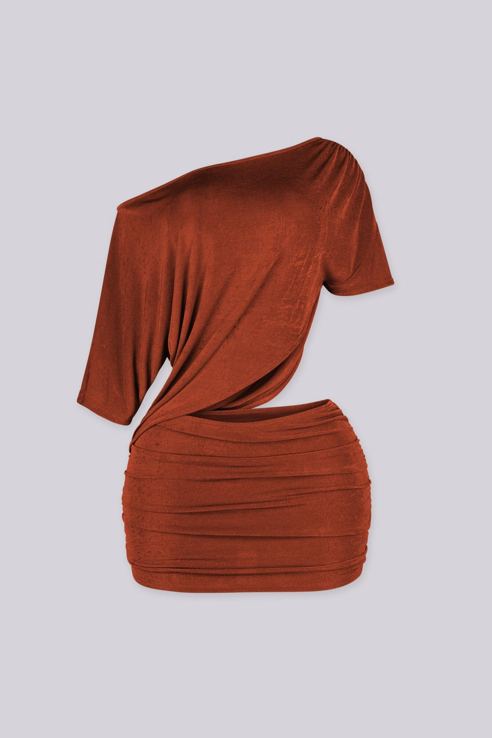 Rust one shoulder ruched cutout mini dress, front view flat lay