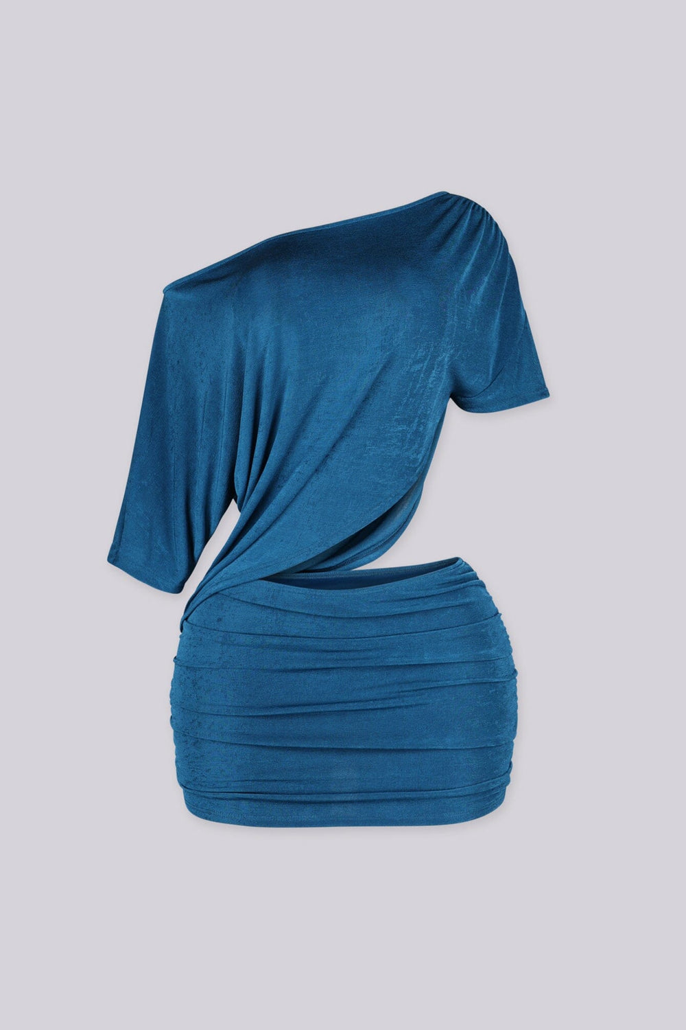 EDGEBYKS — teal one shoulder ruched cutout mini dress, front view flat lay