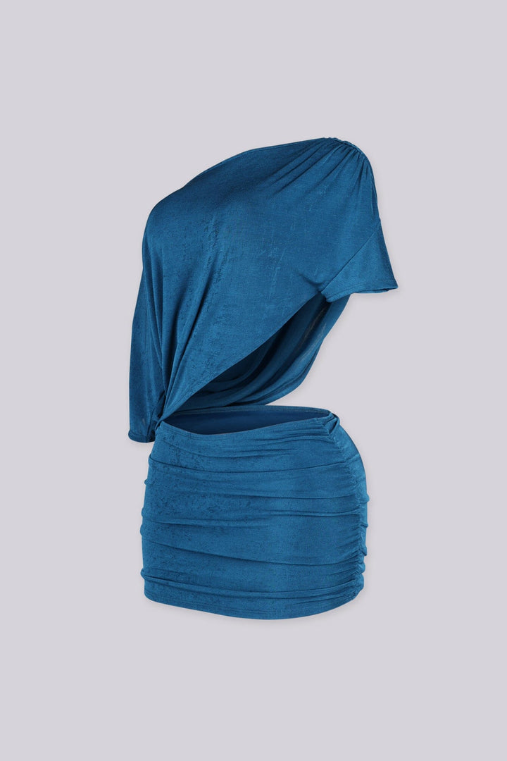EDGEBYKS — teal one shoulder ruched cutout mini dress, side view flat lay