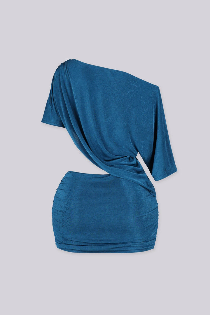 EDGEBYKS — teal one shoulder ruched cutout mini dress, back view flat lay