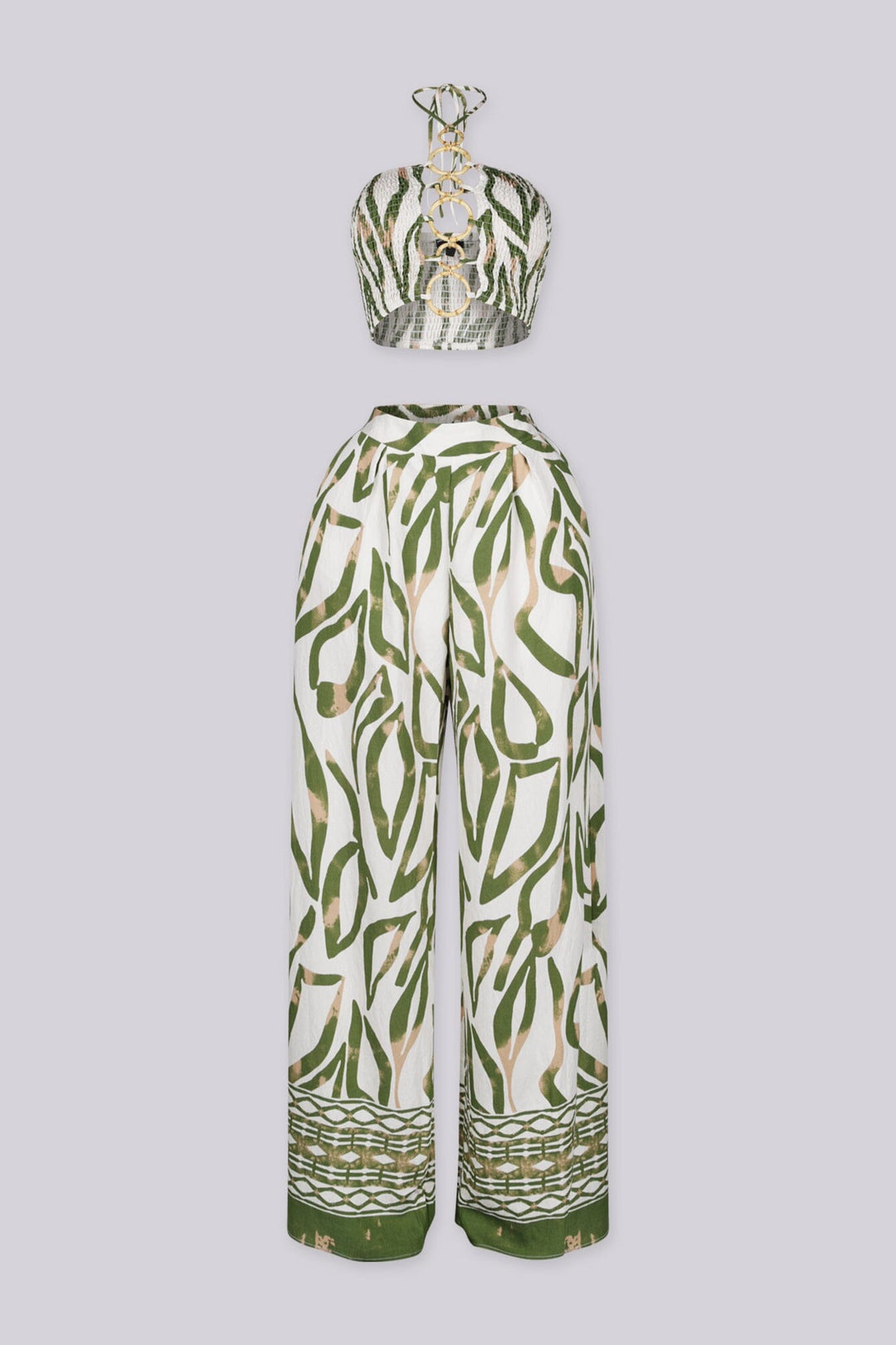 crop bandeau top with halter neckline featuring vertical cutout joined by linked O-ring detailing
Matching high waisted wide leg palazzo pants with wide waistband