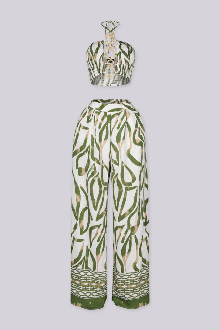 crop bandeau top with halter neckline featuring vertical cutout joined by linked O-ring detailing
Matching high waisted wide leg palazzo pants with wide waistband