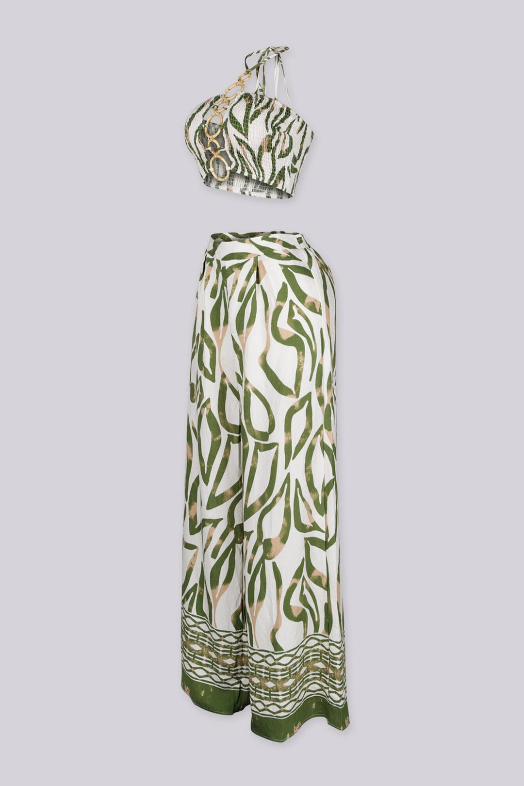 crop bandeau top with halter neckline featuring vertical cutout joined by linked O-ring detailing
Matching high waisted wide leg palazzo pants with wide waistband