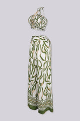 crop bandeau top with halter neckline featuring vertical cutout joined by linked O-ring detailing
Matching high waisted wide leg palazzo pants with wide waistband