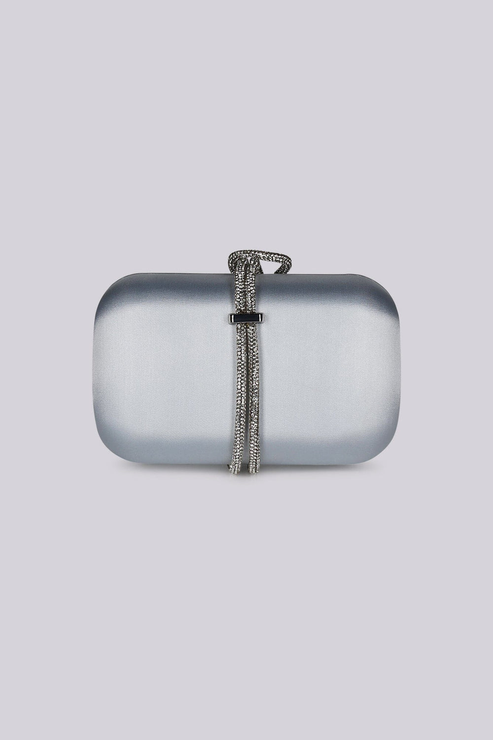 EDGE — silver satin evening clutch with rhinestone-wrapped top handle, front view flat lay