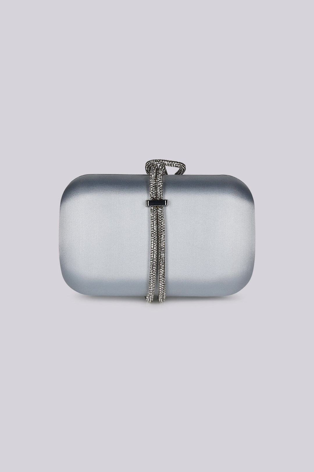 EDGE — silver satin evening clutch with rhinestone-wrapped top handle, front view flat lay