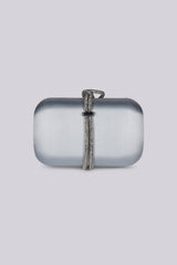 EDGE — silver satin evening clutch with rhinestone-wrapped top handle, front view flat lay