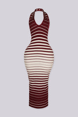Ribbed knit sleeveless halter maxi dress with deep plunging V neckline in ombre stripe print