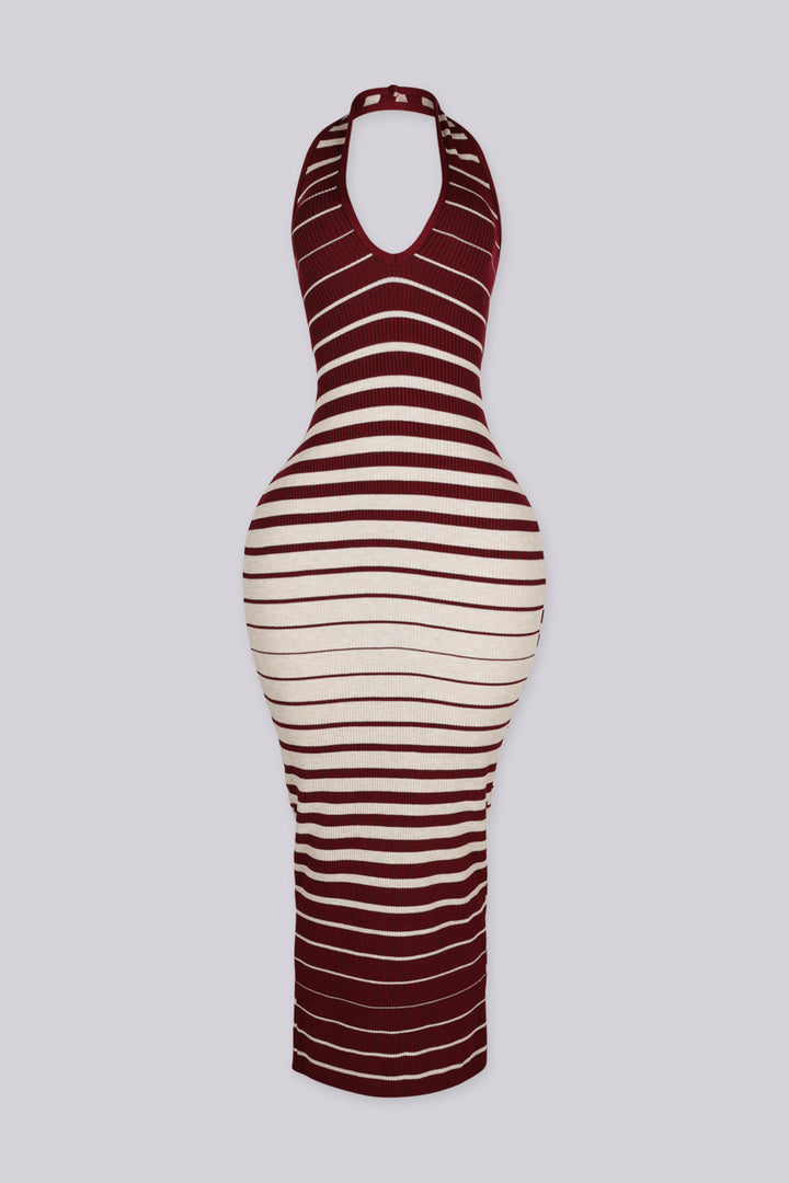 Ribbed knit sleeveless halter maxi dress with deep plunging V neckline in ombre stripe print
