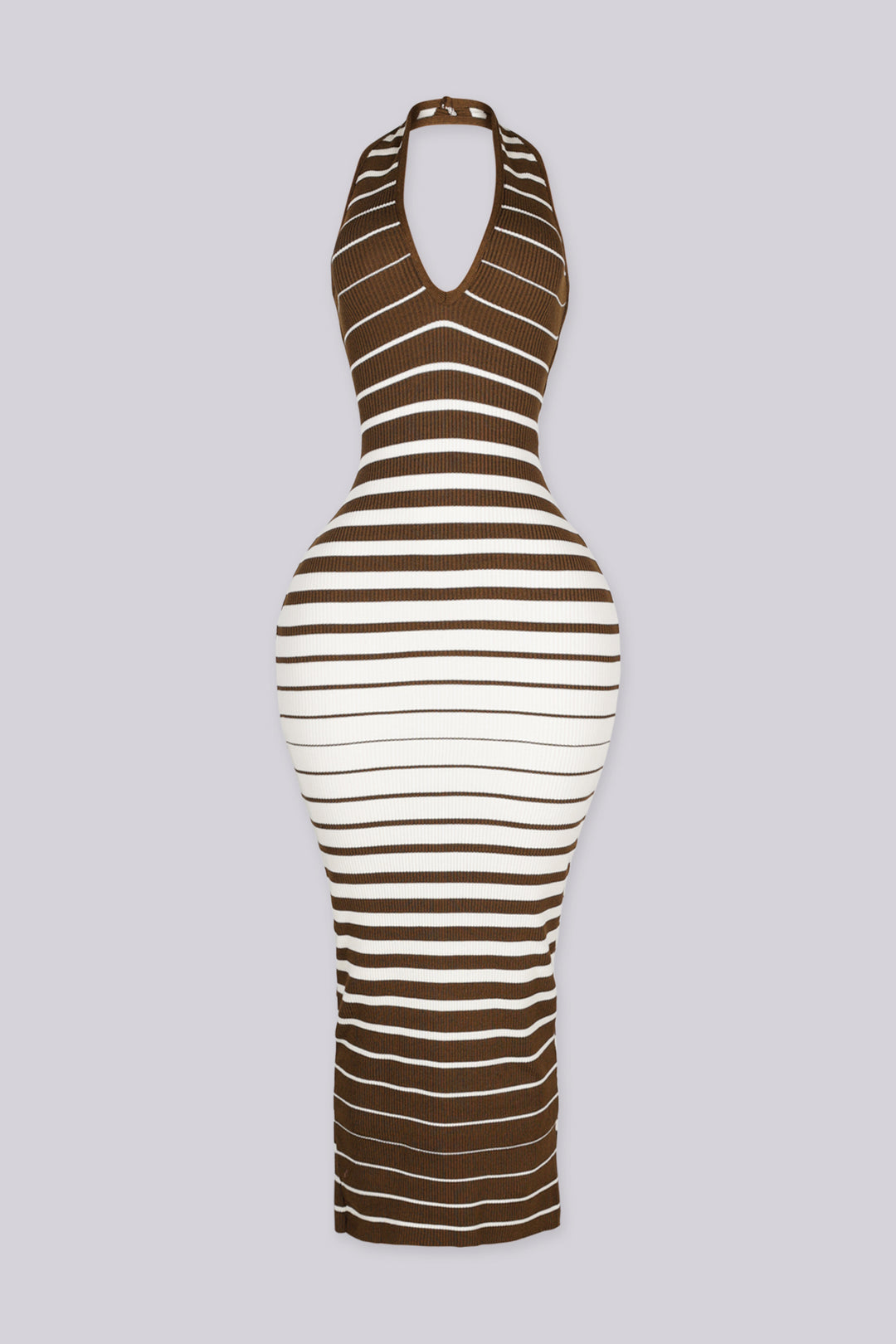 Ribbed knit sleeveless halter maxi dress with deep plunging V neckline in ombre stripe print