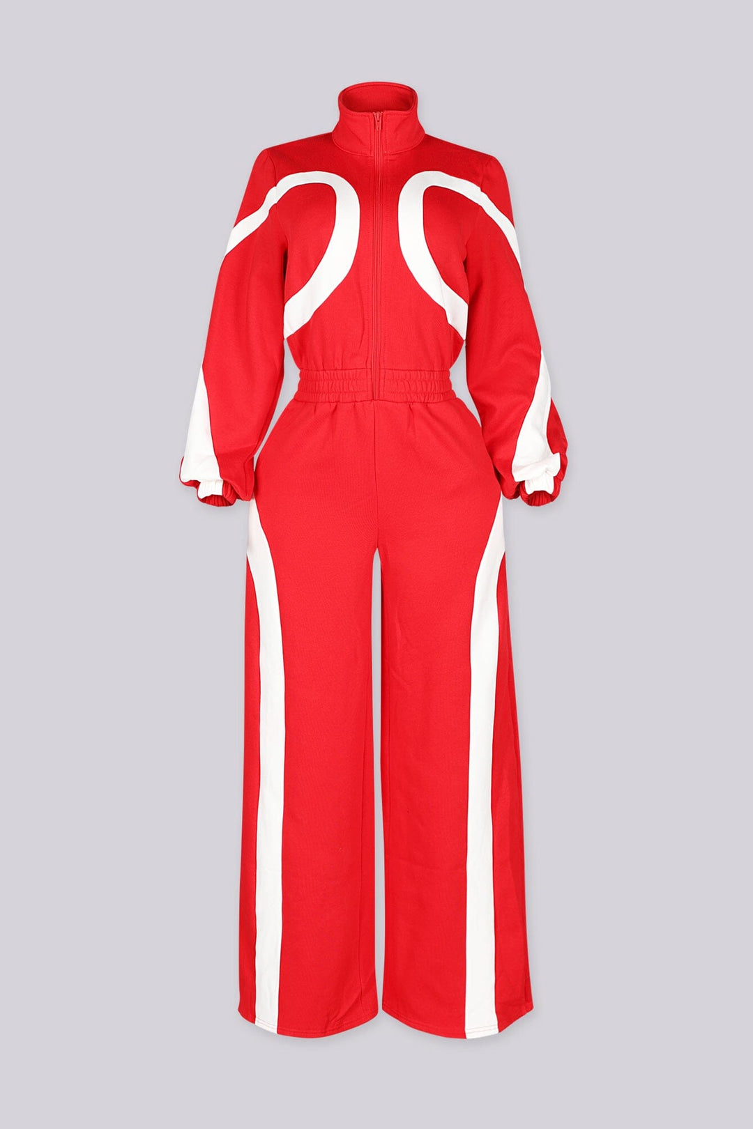 Zip front utility jumpsuit featuring contrast panel detailing at the chest and legs
Finished with a fixed waist detail and a long wide-leg fit