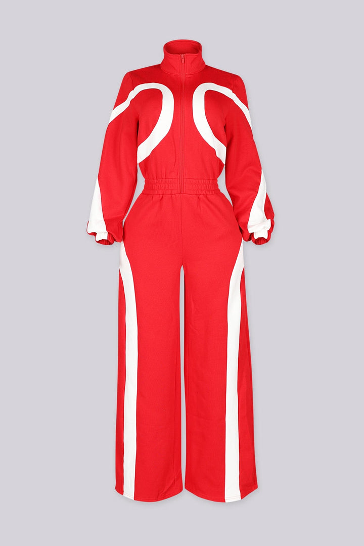 Zip front utility jumpsuit featuring contrast panel detailing at the chest and legs
Finished with a fixed waist detail and a long wide-leg fit