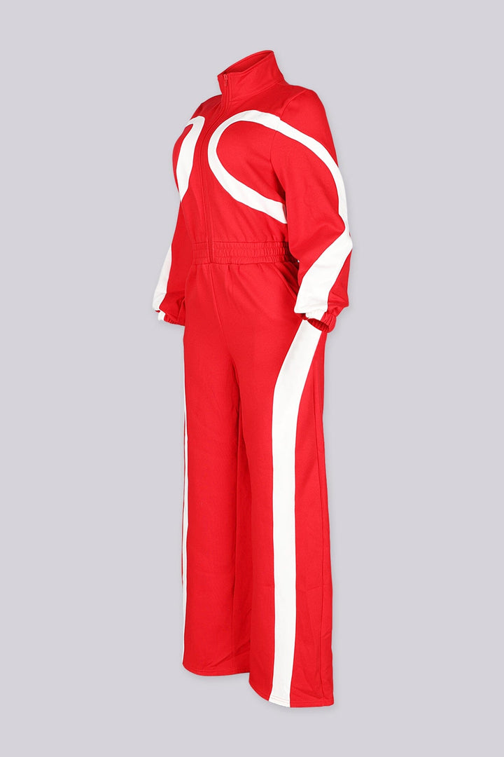 Zip front utility jumpsuit featuring contrast panel detailing at the chest and legs
Finished with a fixed waist detail and a long wide-leg fit