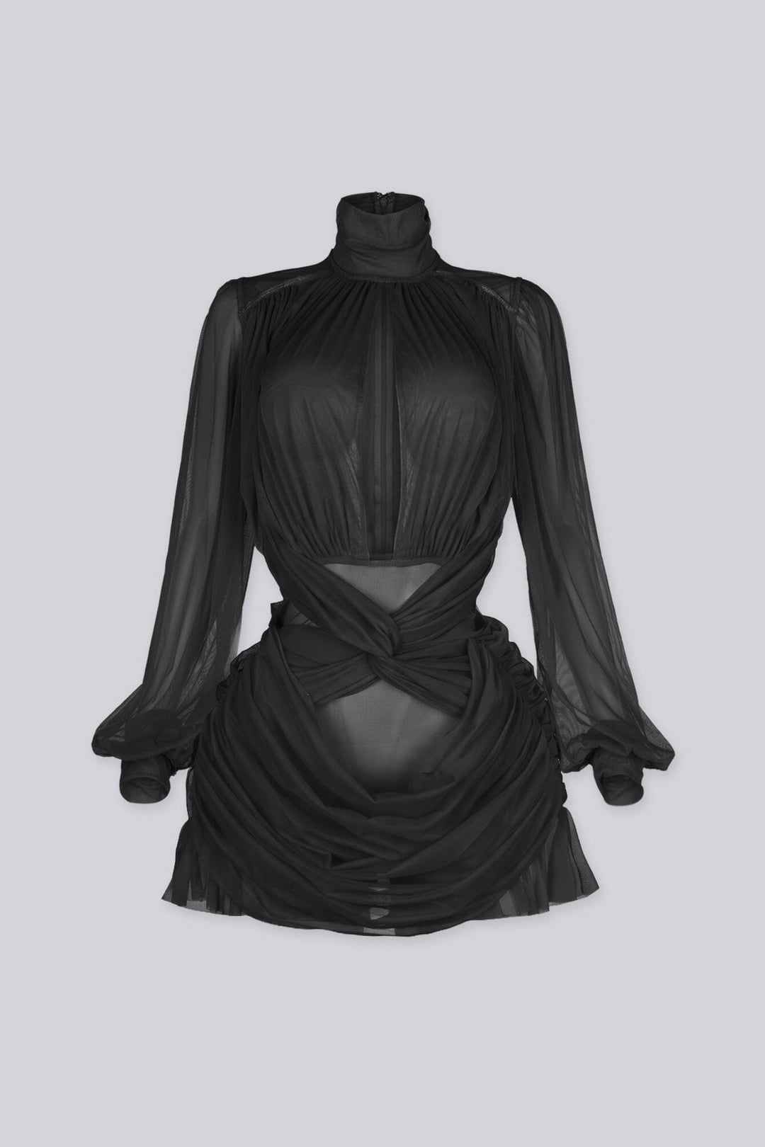 Long sleeve sheer mesh mini dress with mock neckline featuring keyhole front and twist waist cutout detail