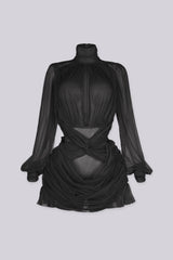 Long sleeve sheer mesh mini dress with mock neckline featuring keyhole front and twist waist cutout detail
