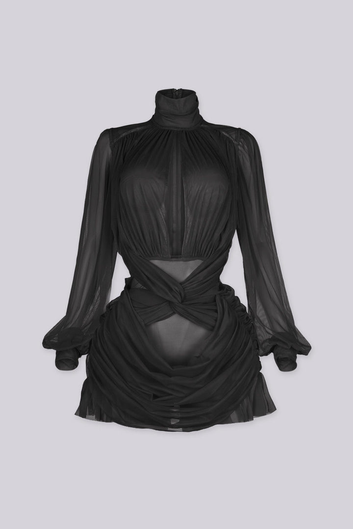Long sleeve sheer mesh mini dress with mock neckline featuring keyhole front and twist waist cutout detail