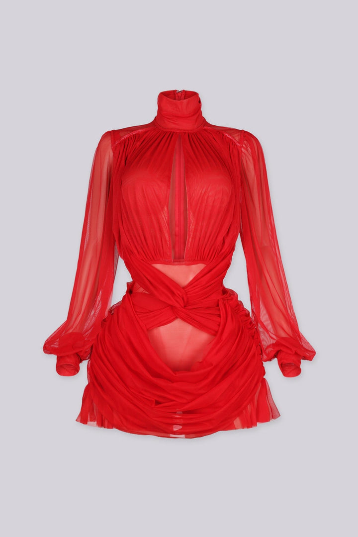 Long sleeve sheer mesh mini dress with mock neckline featuring keyhole front and twist waist cutout detail