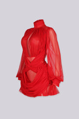 Azura Mesh Ruched Mock Neck Mini Dress