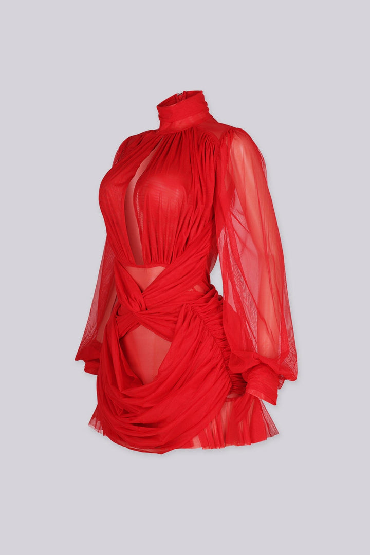Azura Mesh Ruched Mock Neck Mini Dress
