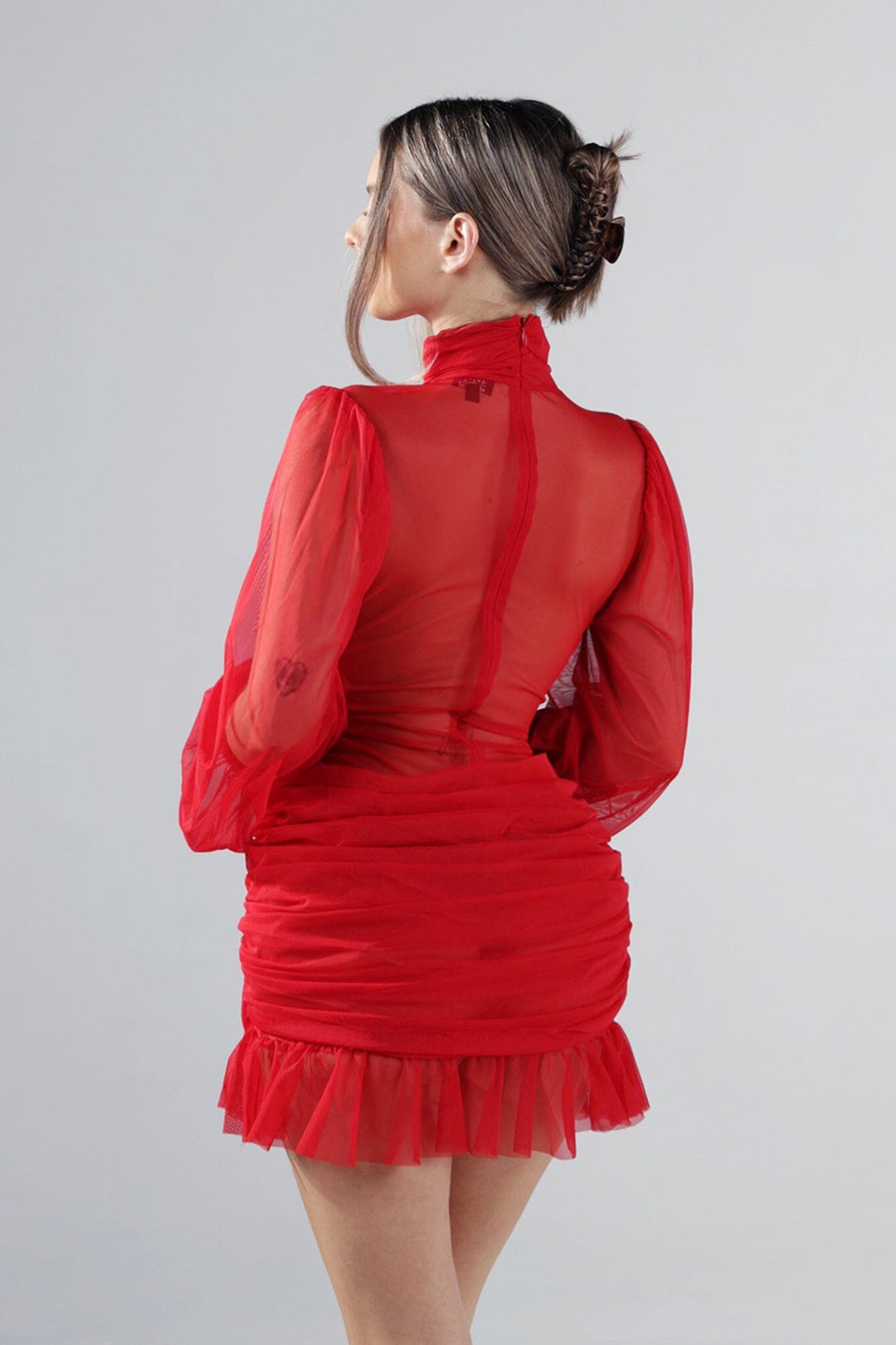 Azura Mesh Ruched Mock Neck Mini Dress