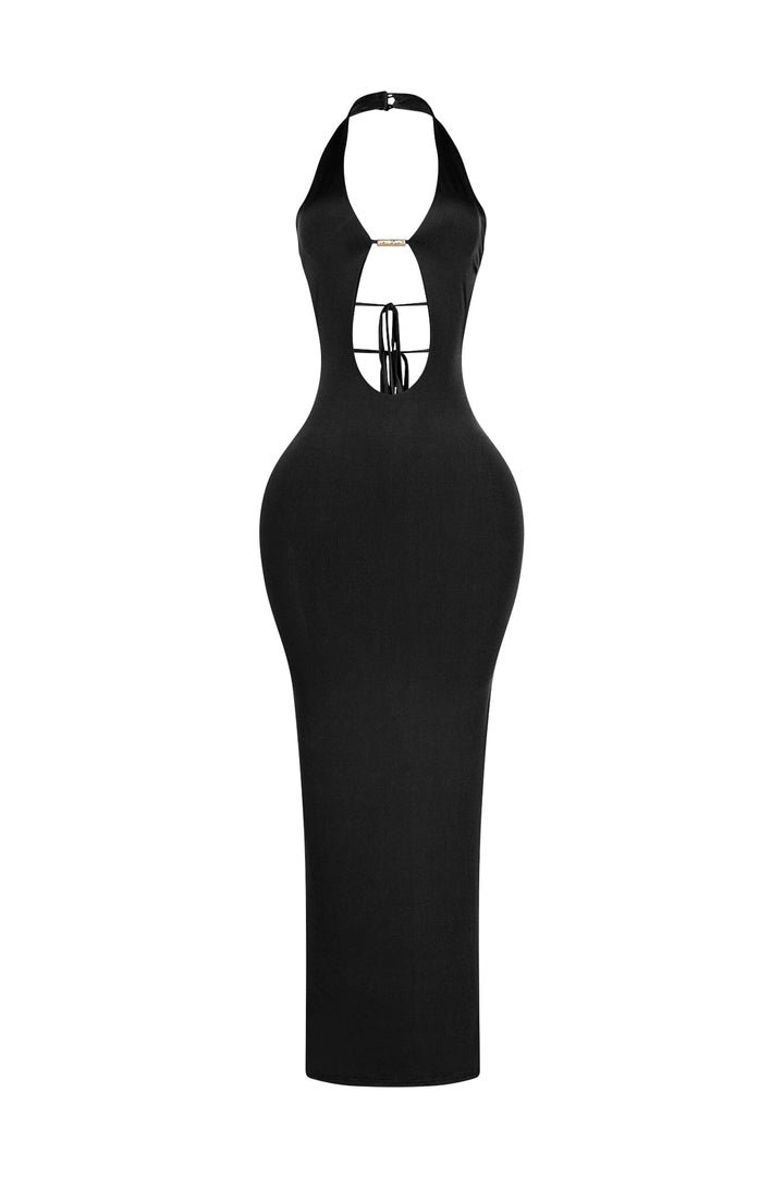 Halter midi dress with plunging neckline joined at the center bust featuring keyhole cutout with metallic hardware detail