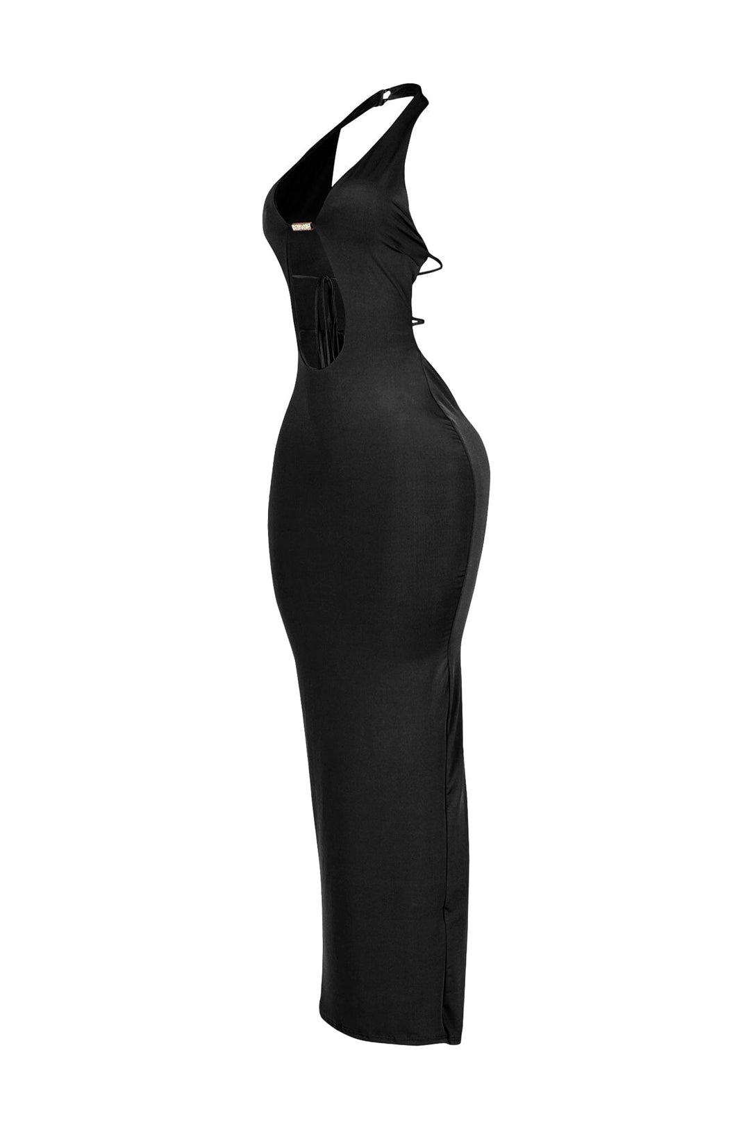 Halter midi dress with plunging neckline joined at the center bust featuring keyhole cutout with metallic hardware detail