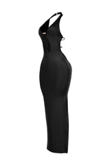 Halter midi dress with plunging neckline joined at the center bust featuring keyhole cutout with metallic hardware detail