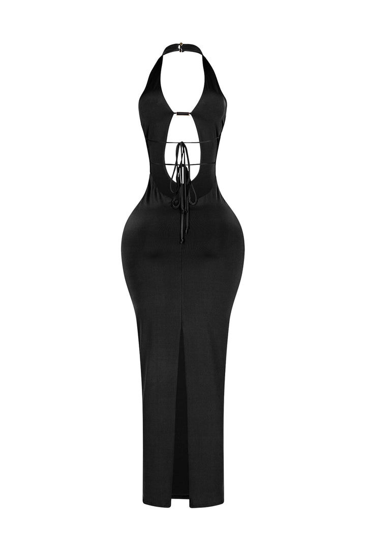 Halter midi dress with plunging neckline joined at the center bust featuring keyhole cutout with metallic hardware detail