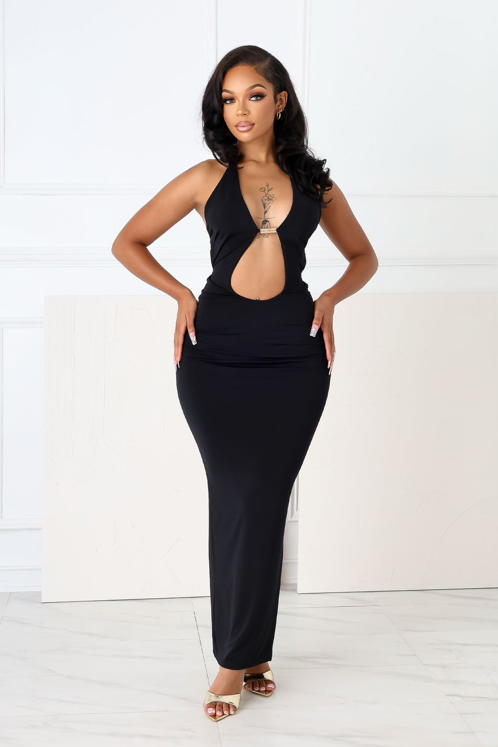 Halter midi dress with plunging neckline joined at the center bust featuring keyhole cutout with metallic hardware detail