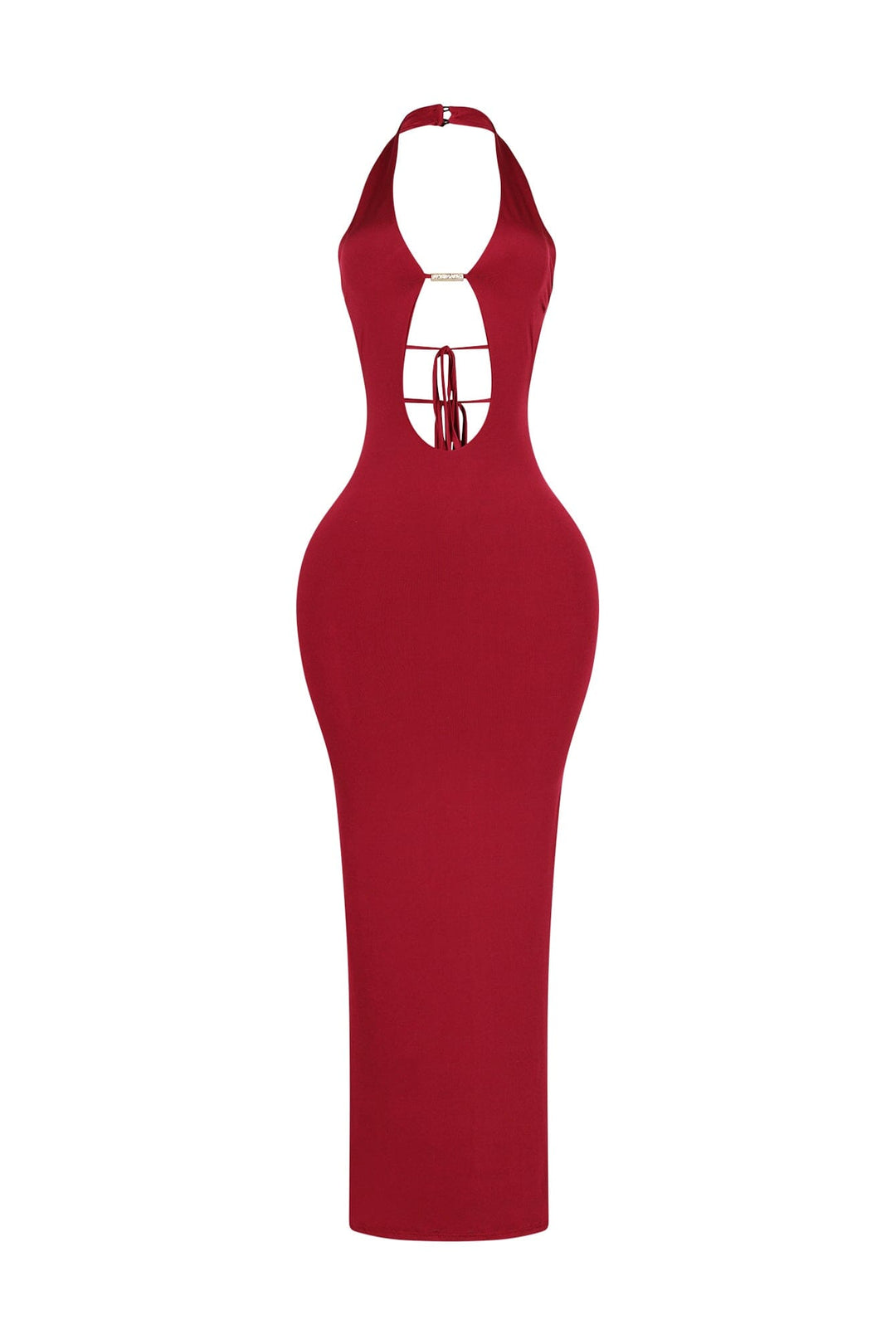 Halter midi dress with plunging neckline joined at the center bust featuring keyhole cutout with metallic hardware detail